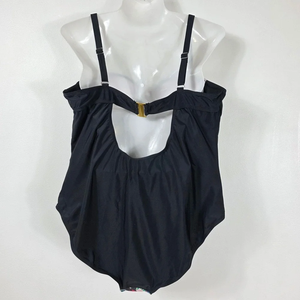 New One Piece Swimsuit Women 20 Black Tropical Floral Mesh Stripe Underwire‎